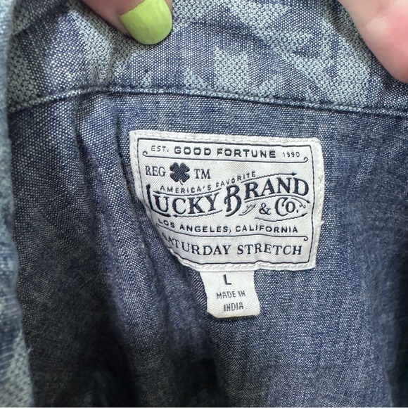 Lucky Brand Men’s Blue Aztec Denim Pearl Snap Shirt Western Saturday Stretch - Picture 5 of 5